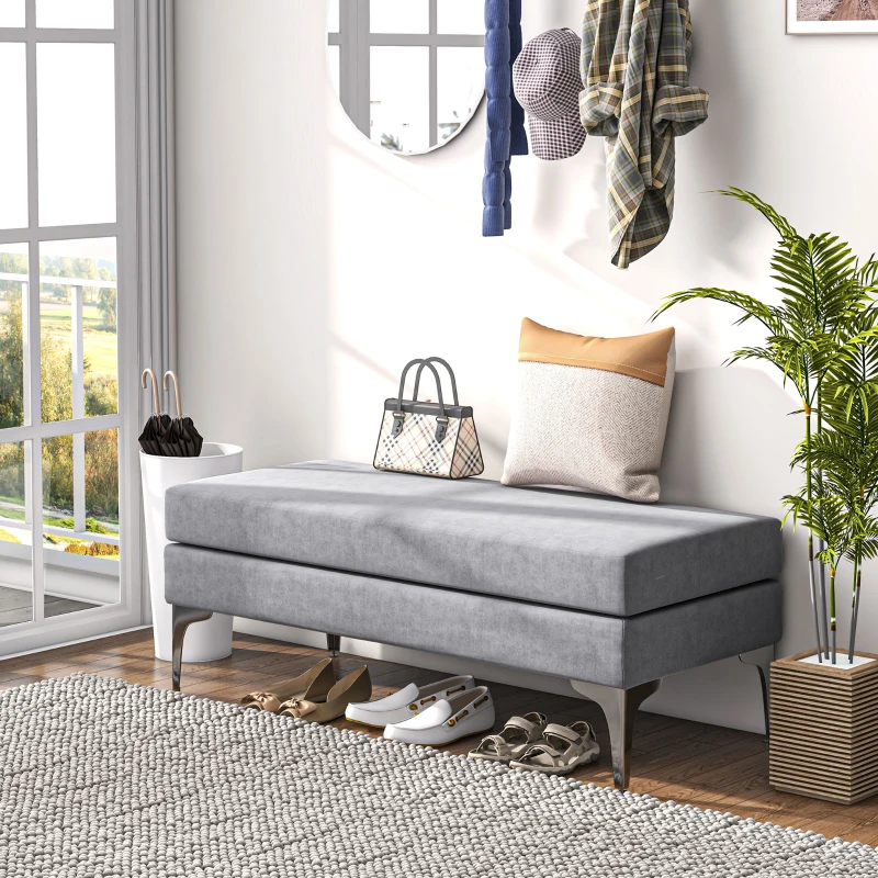HOMCOM 48 Inches Upholstered Bedroom Bench, Modern End of Bed Bench with Double Layer Seat Cushions and Steel Legs, Light Gray