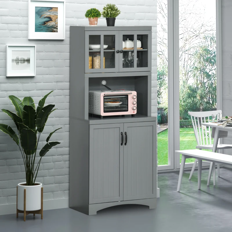 HOMCOM Storage Cabinet with Adjustable Shelves and Microwave Space, 70" Pantry Cabinet with Glass Framed Door, Gray