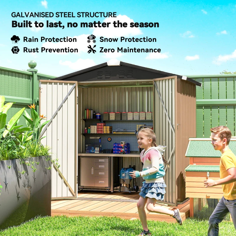 Outsunny 6.5' x 4'  Outdoor Storage Shed, Metal Garden Shed with Lockable Double Doors, 4 Vents, Brown