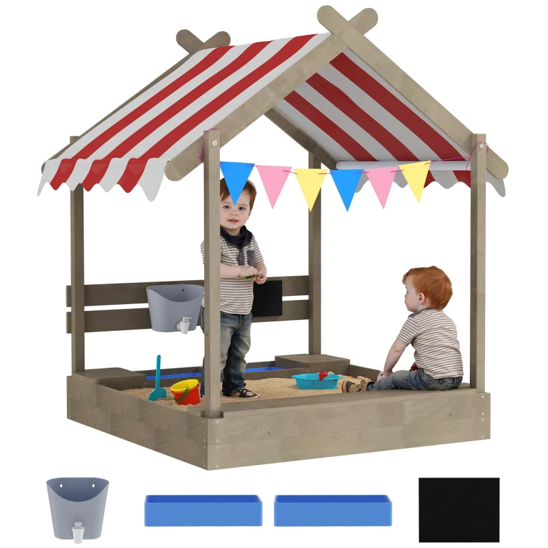 Outsunny Outdoor Wooden Sandbox with Cover for 3-7 Years Old, Backyard, Grey