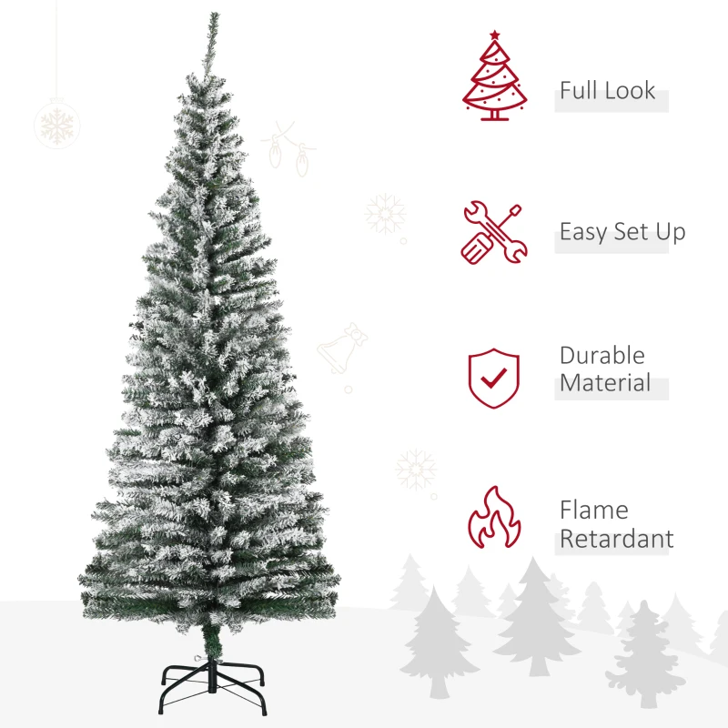 HOMCOM 6ft Flocked Christmas Tree, Pencil Artificial Xmas Tree with Faux Snow, Dense Branches, Foldable Metal Base for Indoor Holiday Decor