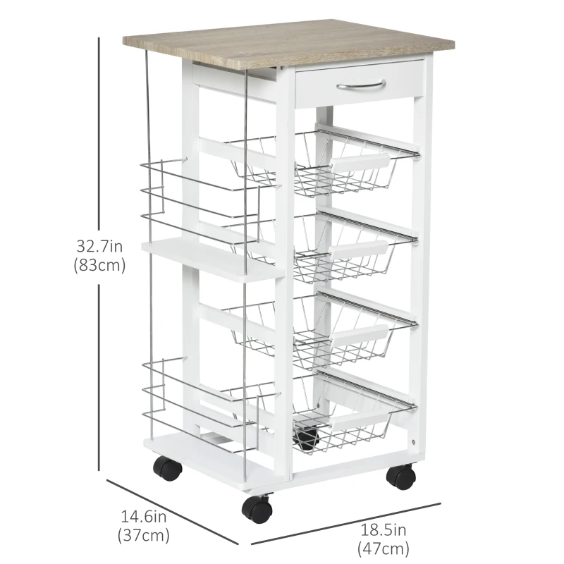 HOMCOM Rolling Kitchen Cart, Utility Storage Cart with 4 Baskets, Drawer, Side Racks, Wheels for Dining Room, Natural and White