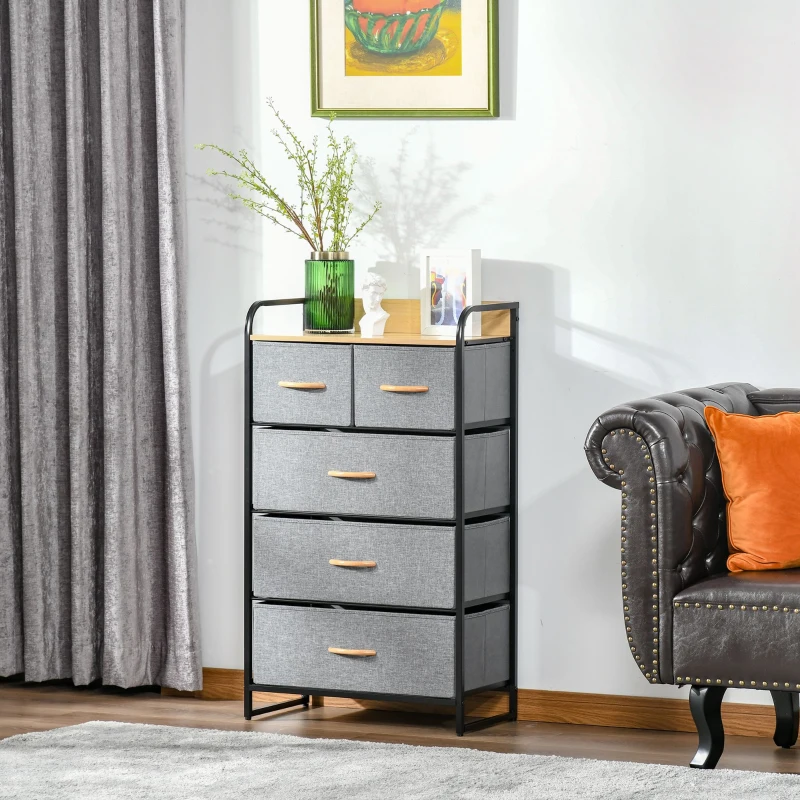 HOMCOM 5-Drawer Chest Dresser for Bedroom, 4-Tier Storage Organizer with Steel Frame, Light Gray