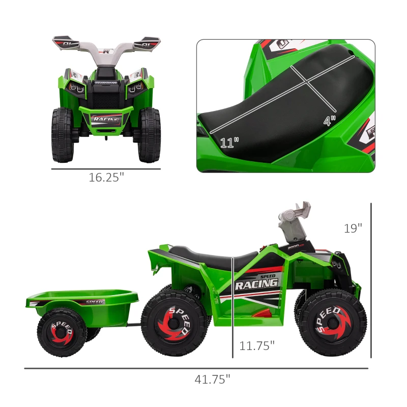 Aosom 6V Electric Toy Car with Back Trailer, Forward Backward, Wear-Resistant Wheels for Ages 18-36 Months, Green