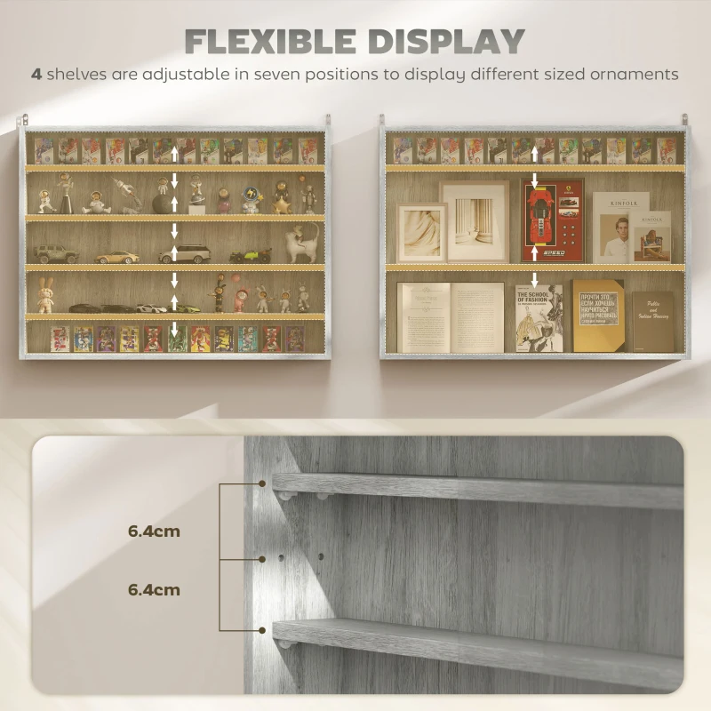 HOMCOM 5-Tier Display Cabinet, Wall-Mounted Display Case with 2 Glass Doors and Adjustable Shelves, Gray