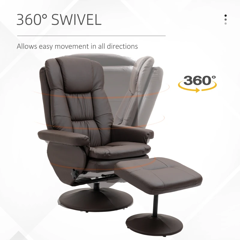 HOMCOM PU Leather Recliner Chair with Ottoman, Swivel Recliner and Ottoman with Round Wrapped Base for Living Room, Brown