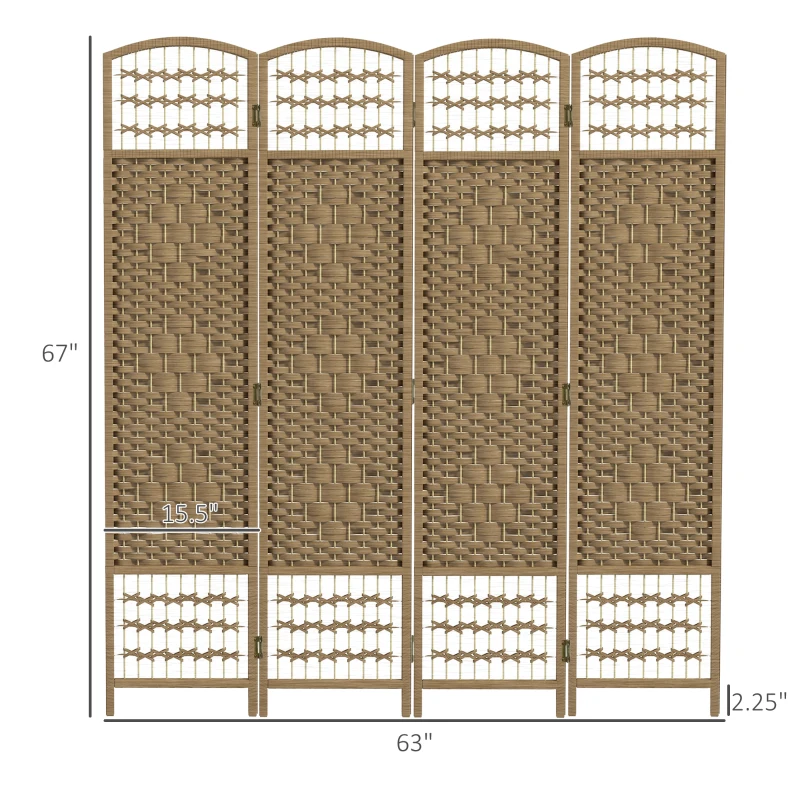 HOMCOM 4 Panel Folding Room Divider Portable Privacy Screen Wave Fiber Room Partition for Home Office Natural