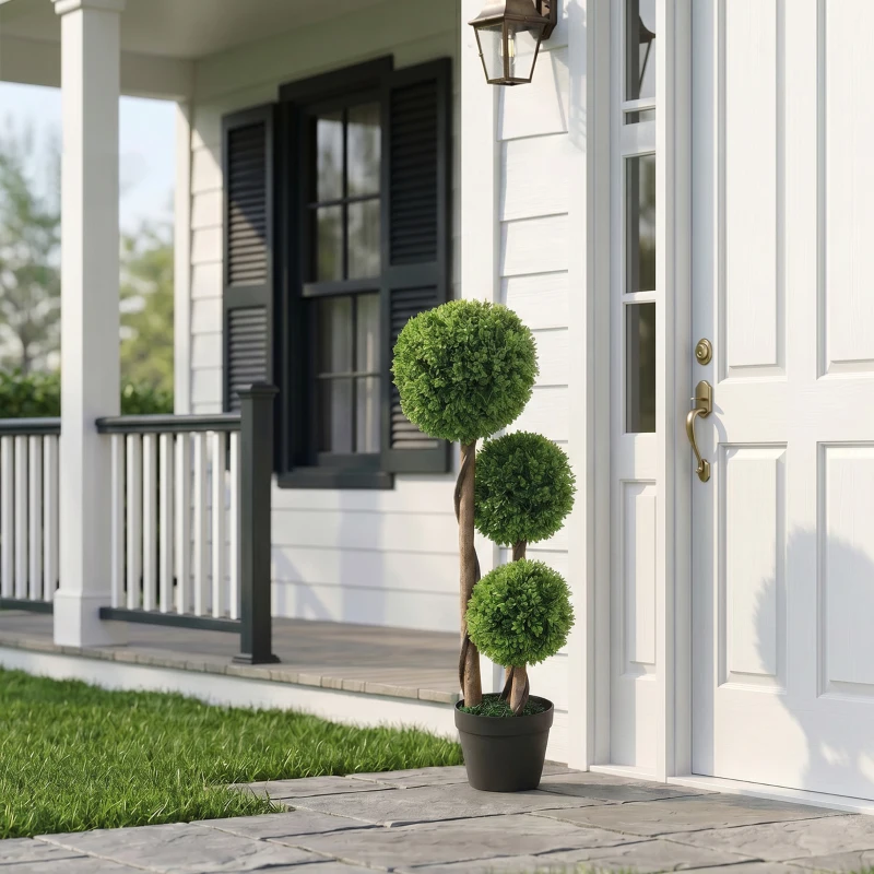 HOMCOM 35 Inch 2 Pack Potted Fake Plant, Artificial Boxwood Topiary Trees, Triple Ball Tree for Indoor and Outdoor, Light Green