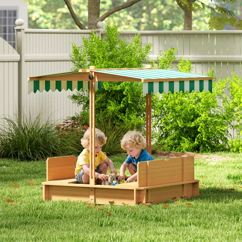 Outsunny Wooden Kids Sandbox with Cover, Children Outdoor Sand Box with Foldable Bench Seats and Adjustable Canopy