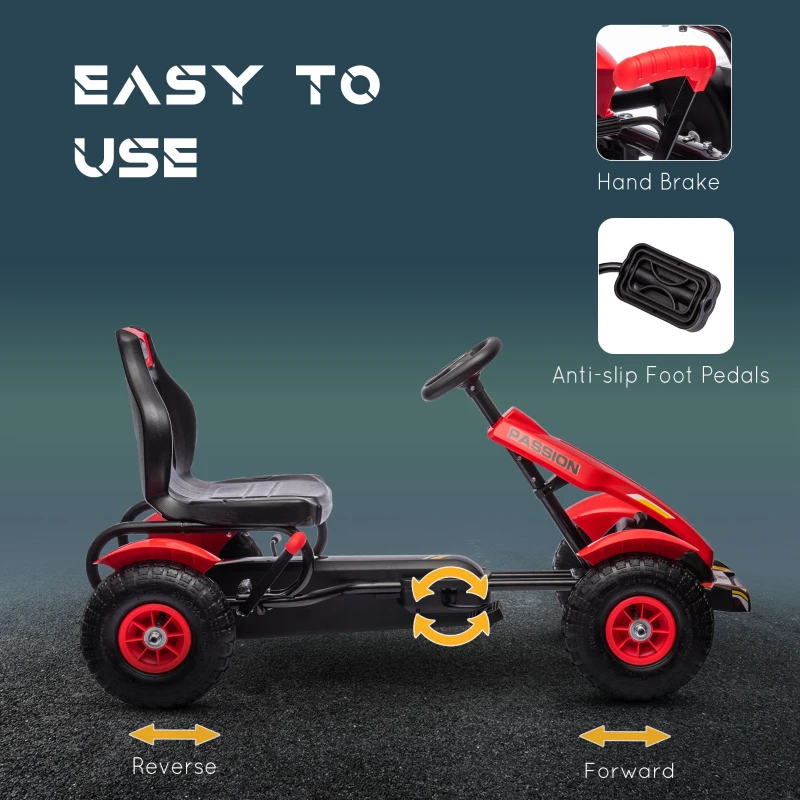 Aosom Pedal Go Kart for Kids, Pedal Car with Adjustable Bucket, Handbrake, 4 Rubber Wheels Powered Ride, Red