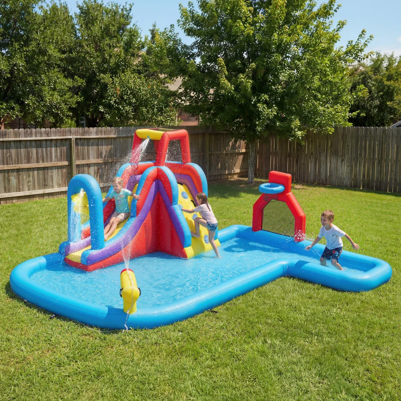 Qaba Inflatable Water Slide 6 in 1 with 480W Blower, Bounce House with Climbing Wall, Splashing Pool, Basketball Hoop
