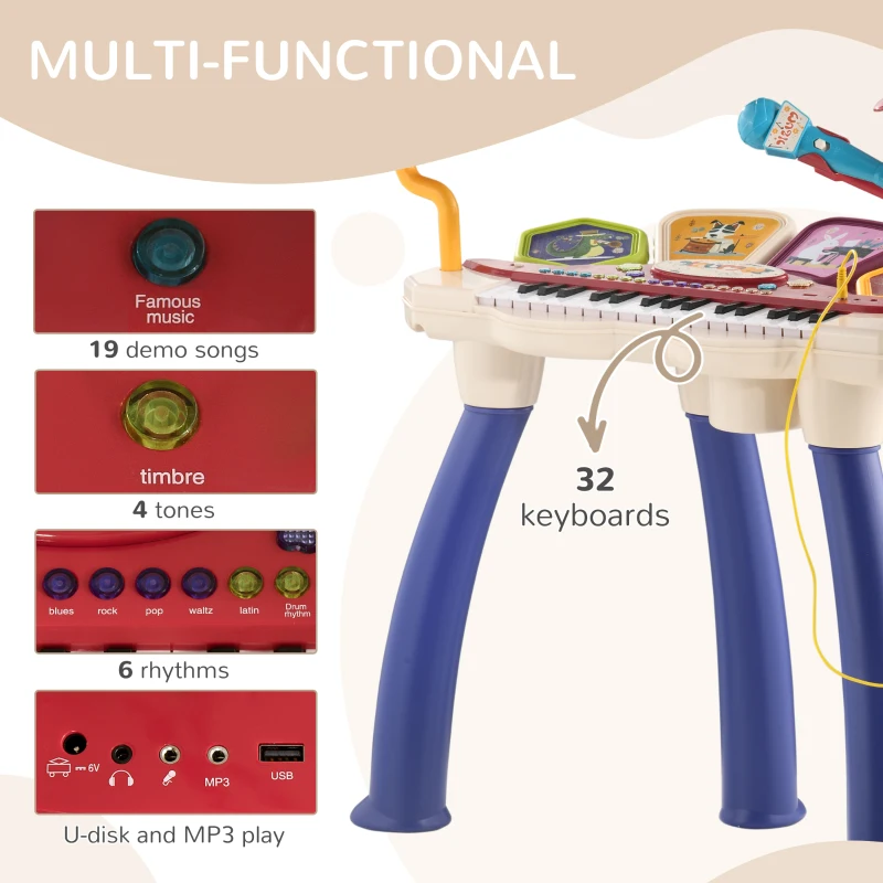 Qaba 2 in 1 Kids Piano Keyboard Drum Set with Sounds, Lights, Microphone, Stool