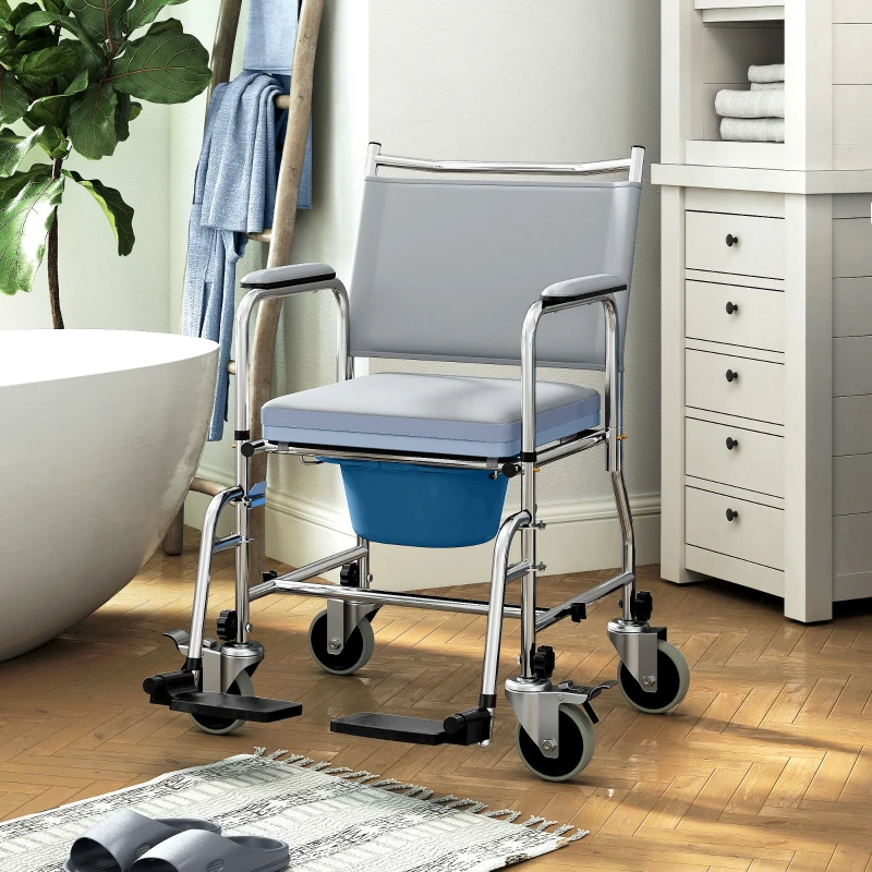 HOMCOM Rolling Shower Chair, Bedside Commode Wheelchair with Padded Seat, Backrest, for Seniors, Disabled, 300 lbs, Gray