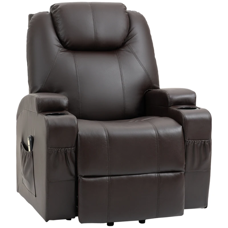 HOMCOM Power Lift Recliner Chair for Elderly, PU Leather Lift Chair with Thick and High Back, Footrest, Remote, Side Pockets, Cup Holders, Reclining Sofa for Living Room, Brown