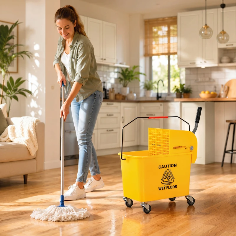 HOMCOM Compact Mop Bucket with Wringer, Mop Bucket on Wheels, 5 Gallon, Separate Dirty and Clean Water, Yellow
