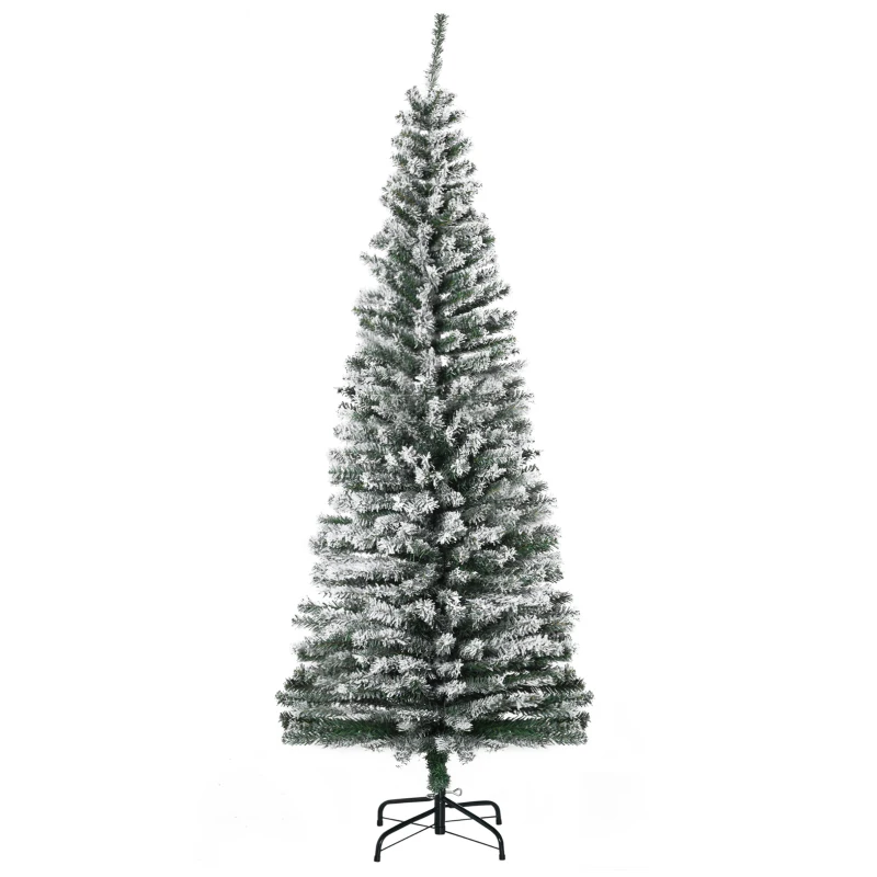 HOMCOM 6ft Flocked Christmas Tree, Pencil Artificial Xmas Tree with Faux Snow, Dense Branches, Foldable Metal Base for Indoor Holiday Decor