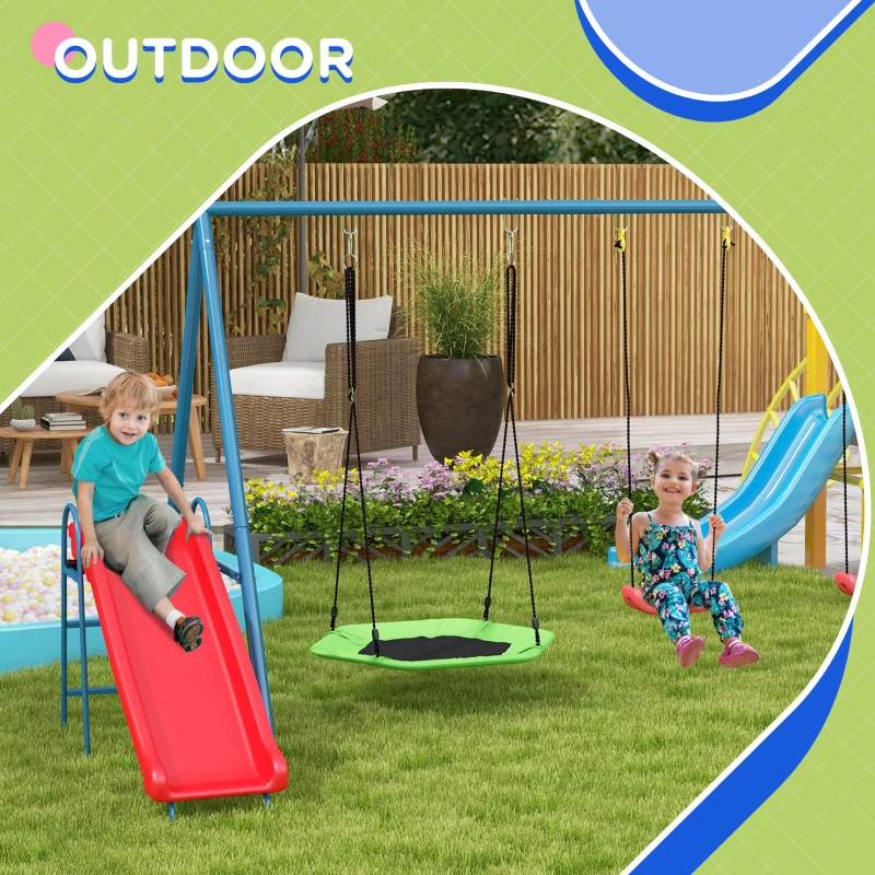 Outsunny Metal Swing Set for Backyard, 4 in 1 Design with 1 Nest Swing, 2 Seats, 1 Slide, Holds Up to 352 lbs. for Ages 3-8