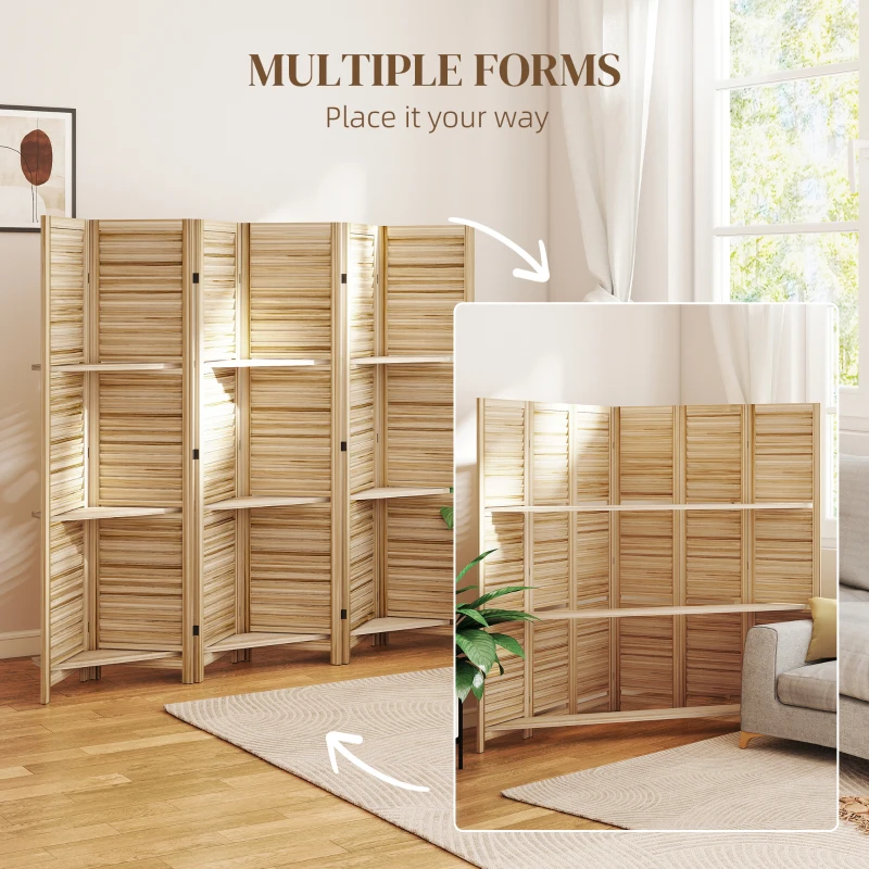 HOMCOM 6 Panel 67" Tall Wood Privacy Screen Room Divider with 3 Shelves and Folding Storage for Bedroom, Natural Wood