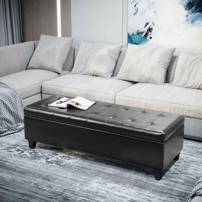 HOMCOM 51" Ottoman Storage Bench, Faux Leather Storage Chest with Lift Top, Tufted Ottoman for Living Room, Entryway, Black