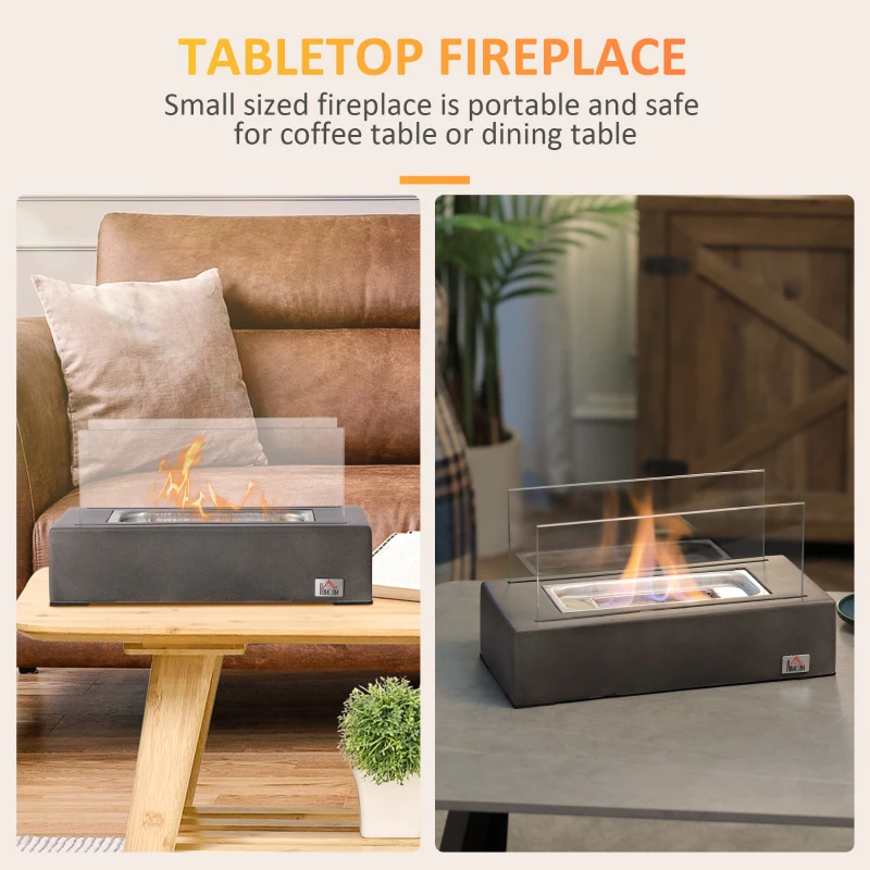HOMCOM Tabletop Fireplace, 13" Concrete Alcohol Fireplace with Stainless Steel Lid for Indoor and Outdoor, 0.04 Gal Max 195 Sq. Ft., Dark Gray