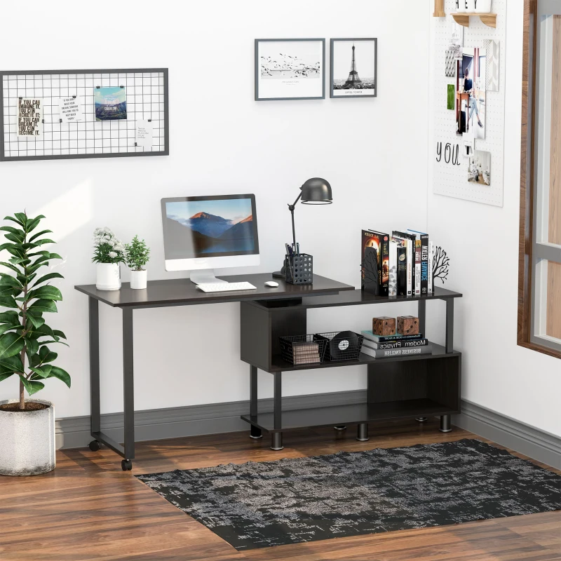HOMCOM Mobile L-Shaped Rotating Computer Desk with Storage Shelves Moveable Rolling Writing Table Home Office Study Workstation for Home Office, Coffee