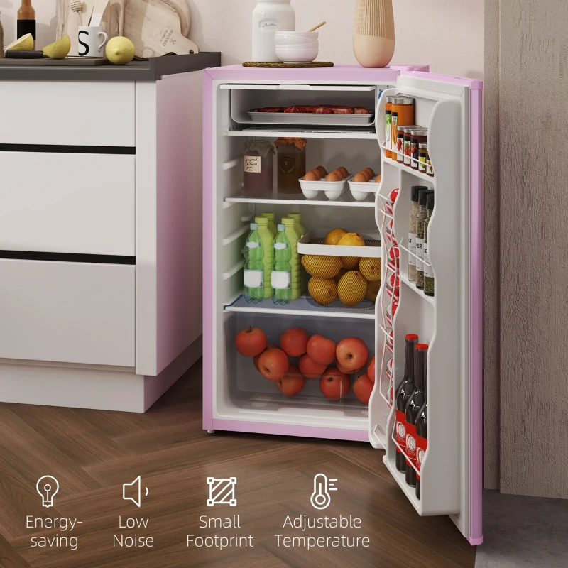 HOMCOM 3.2 Cu.Ft Mini Fridge with Freezer, Single Door Compact Refrigerator with Adjustable Thermostat, Reversible Door, Pink