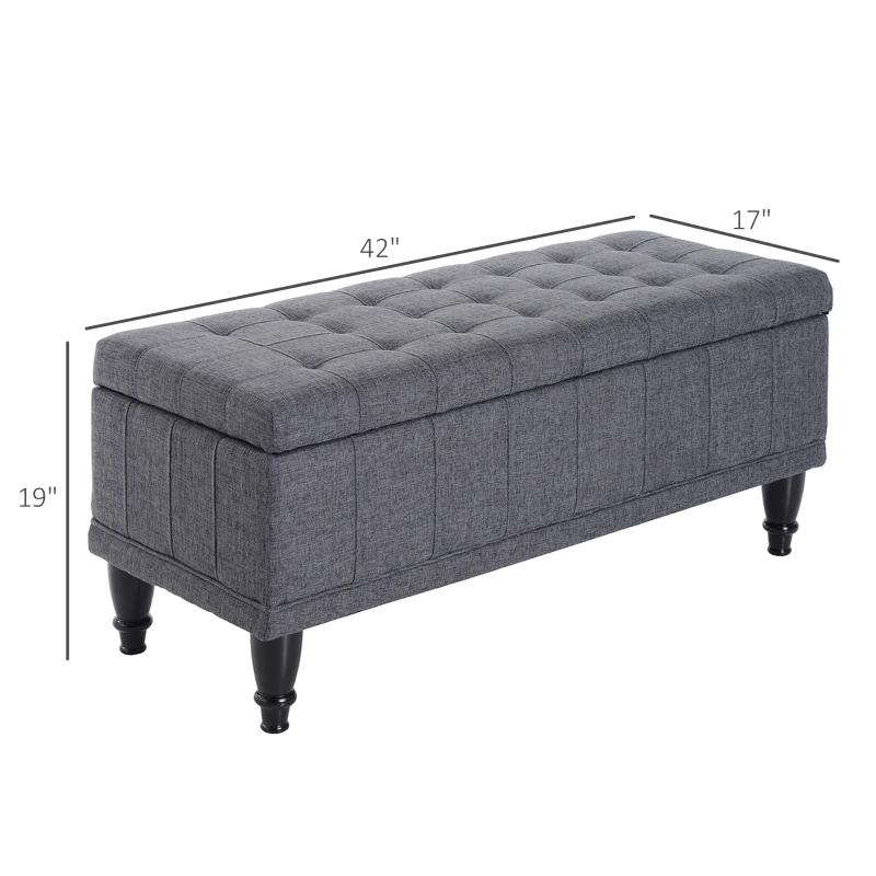 HOMCOM Storage Ottoman, Linen Fabric Button Tufted Storage Bench with Soft Close Lid for Living Room, Entryway or Bedroom, Dark Heather Grey