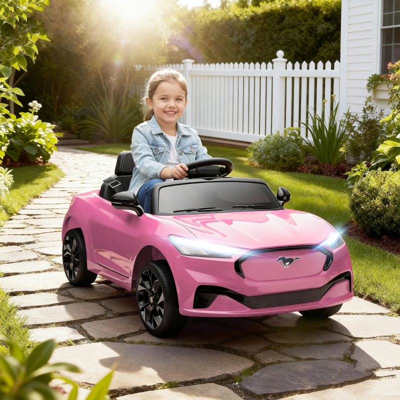 Qaba 12V Kids Ride On Car, Licensed Ford Mustang Mach-E Electric Car with Remote Control, LED Light, Music, Pink