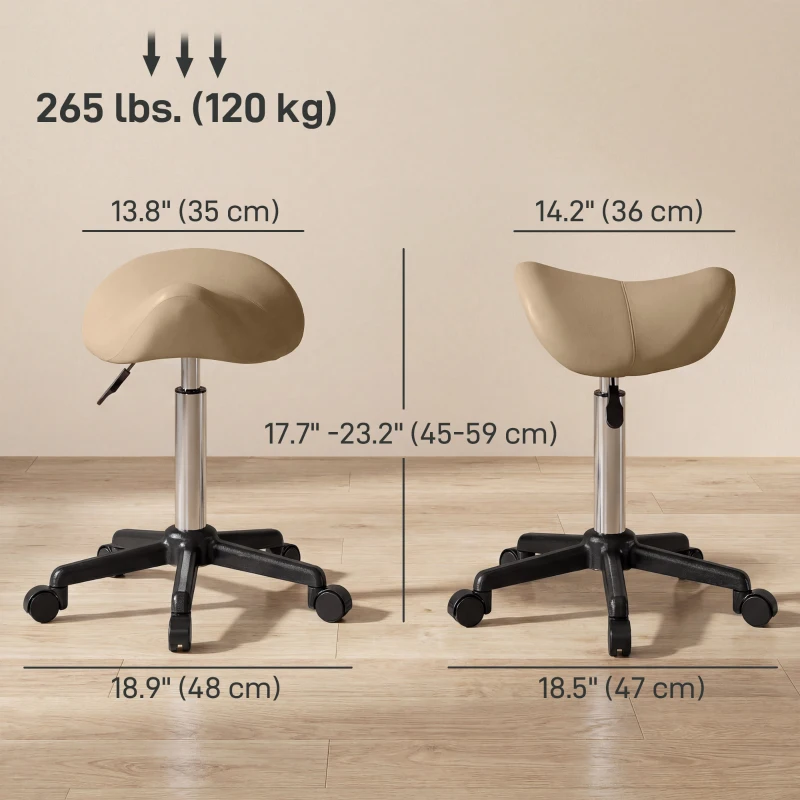 HOMCOM Rolling Salon Stool, PU Leather Swivel Saddle Chair, Adjustable Height Stool with Wheels for Spa, Salon, Office, Brown