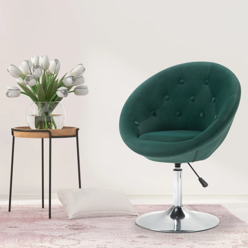 HOMCOM Modern Makeup Vanity Chair Round Tufted Swivel Accent Chair with Chrome Frame Height Adjustable, Green