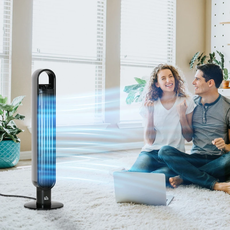 HOMCOM 39 Inch Tower Fan for Bedroom Cooling, 80°Oscillating Fan with 3 Speeds, 12H Timer, Handle and Remote Control, Standing Floor Fan for Home Office, White