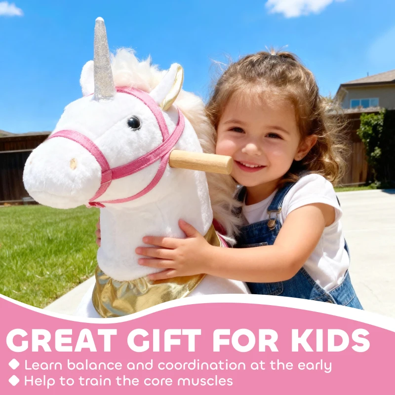 Qaba Ride on Unicorn Toy for Kids 3-5 Years, 29.5 Inch Plush Baby Rocking Horse with Wheels, No Battery Required, White