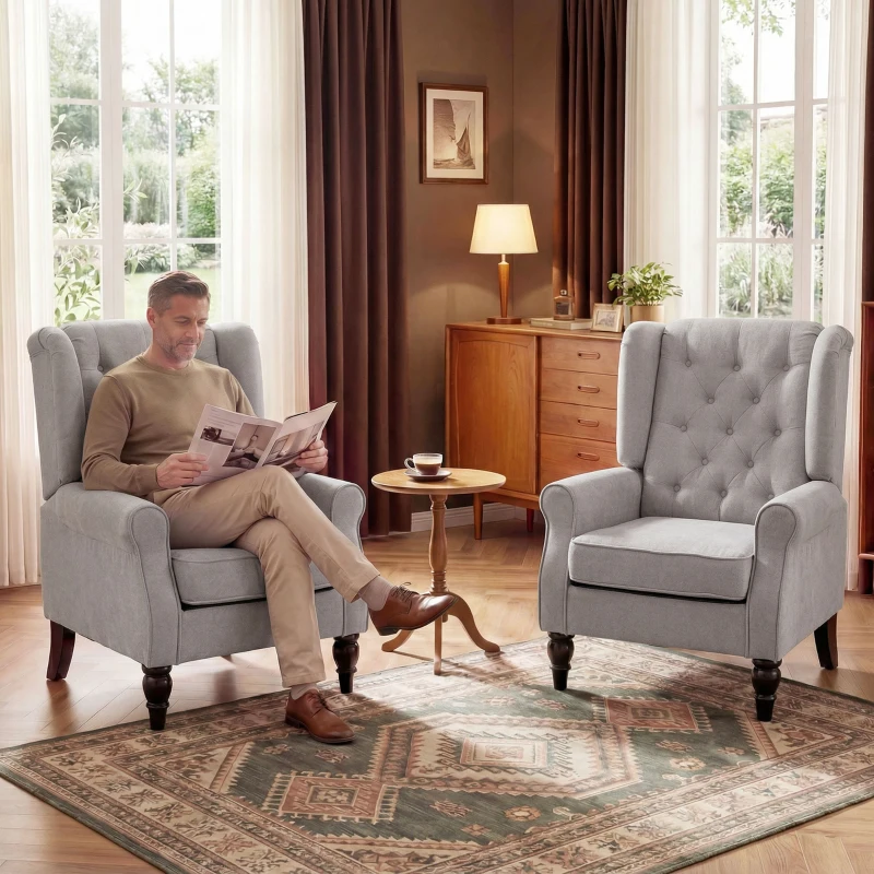 HOMCOM Mid-Century Modern Accent Chair, High Wingback Reading Chair, Button-Tufted Upholstered Fabric Armchair with Retro Wood Legs for Apartment, Living Room, Bedroom, Gray
