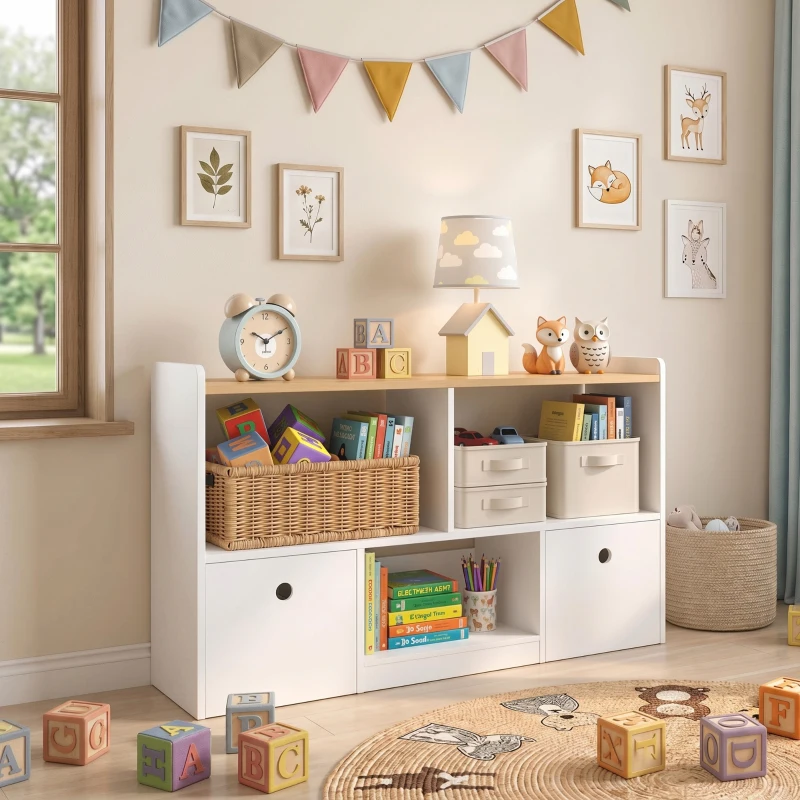 Qaba Toy Storage Organizer, Toy Organizers and Storage with 2 Movable Drawers and 3 Cubbies for Playroom, Nursery, White