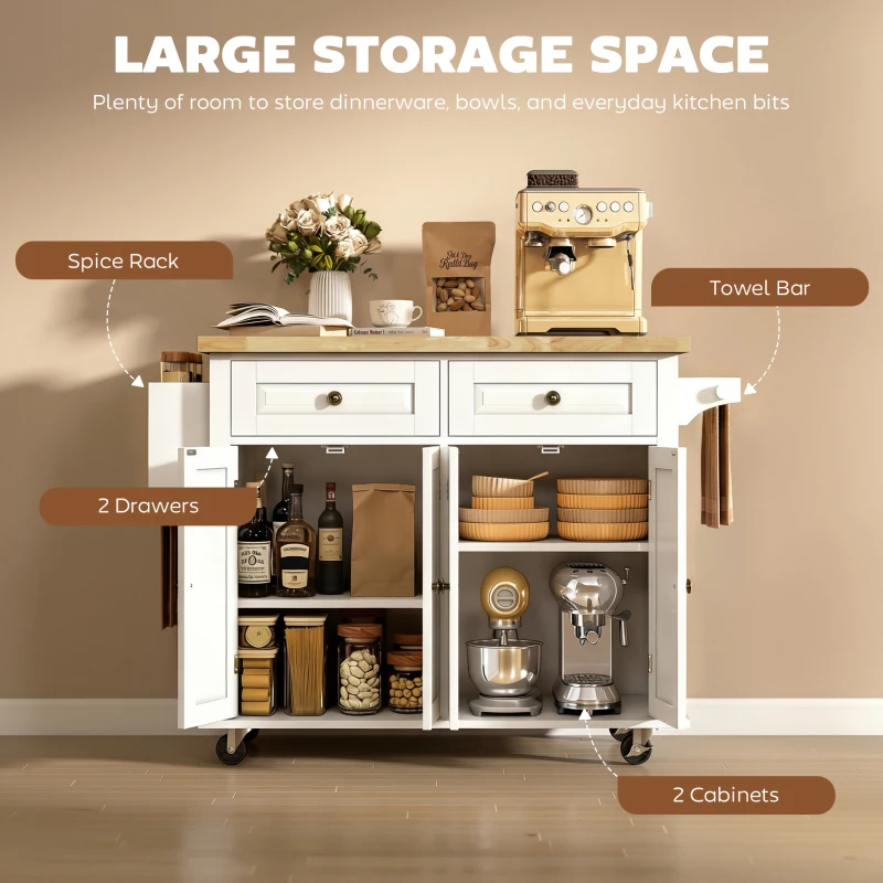 HOMCOM 44" Mobile Kitchen Island Table, Kitchen Island Cart on Wheels with Storage Cabinets, 2 Drawers, White