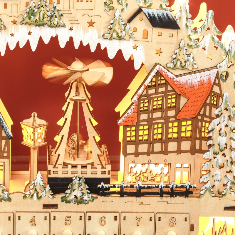 HOMCOM Wooden Christmas Advent Calendar with 24 Fillable Countdown Drawers and LED Lights, Battery Operated