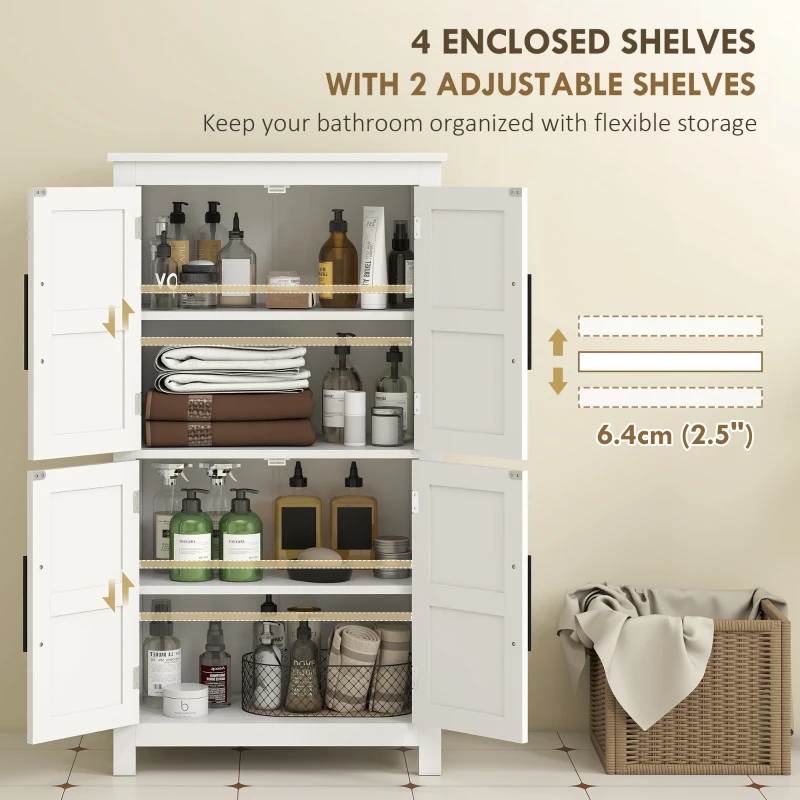 HOMCOM Bathroom Floor Storage Cabinet, Farmhouse Bathroom Cabinet with 4 Doors and Adjustable Shelf, White