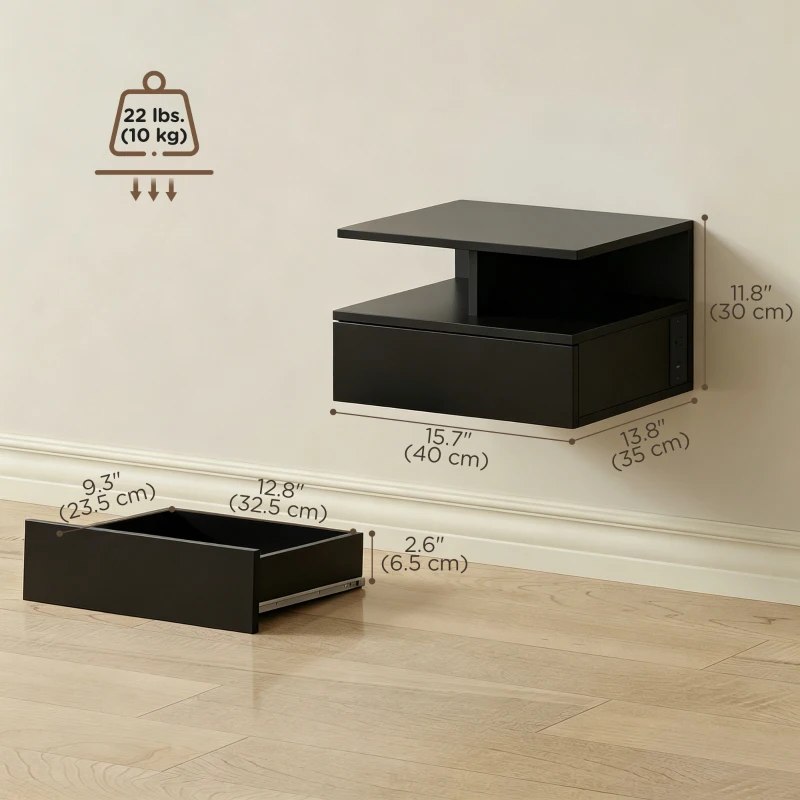HOMCOM Floating Nightstand Set of 2, Wall Mounted Bedside Table with with Power Outlets, Drawer and Shelf, Black