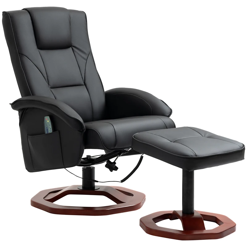 HOMCOM Massage Recliner Chair with Ottoman, Electric Faux Leather Recliner with 10 Vibration Points, Swivel Reclining Chair with Remote Control, Wood Base and Side Pocket, Black