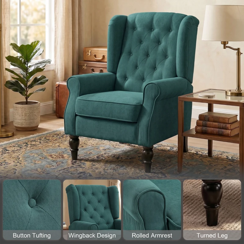 HOMCOM Fabric Accent Chair, Button Tufted Armchair, Armchair with Wood Legs, Thick Padding for Bedroom Dark Green