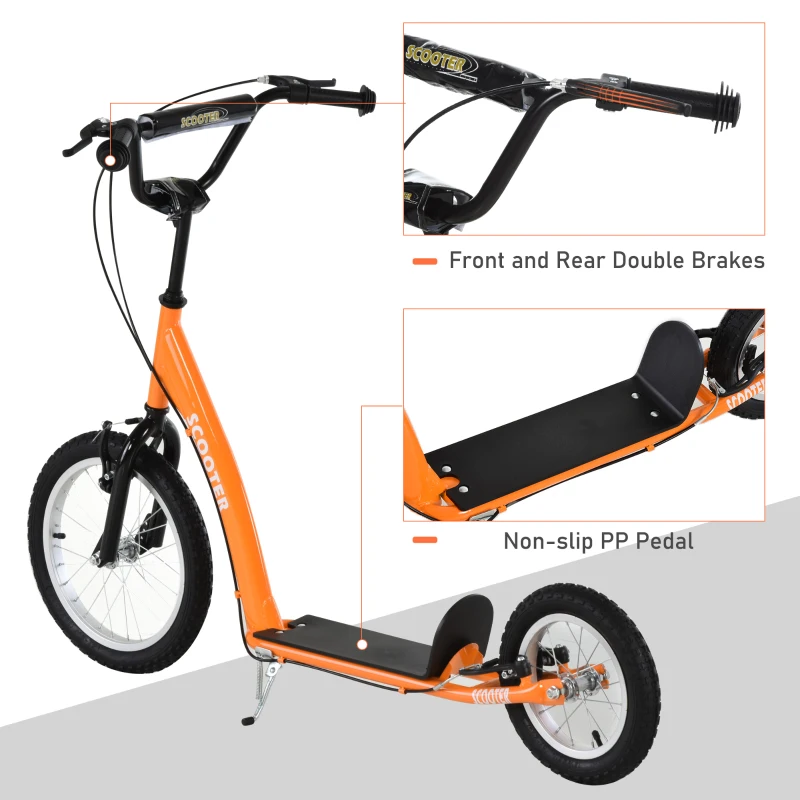 Aosom Youth Scooter Kick Scooter for Kids 5+ with Adjustable Handlebar 16" Front and 12" Rear Dual Brakes Inflatable Wheels, Orange