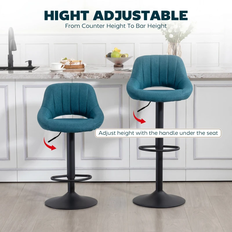 HOMCOM Bar Stools Set of 2, Swivel Bar Height Barstools Chairs with Adjustable Height, Round Heavy Metal Base, and Footrest, Blue