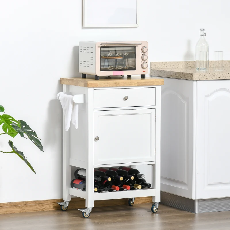 HOMCOM Utility Kitchen Cart, Rolling Kitchen Island with Smooth Rubberwood Top, Narrow Butcher Block Surface on Wheels with Storage Drawer & Cabinet, White