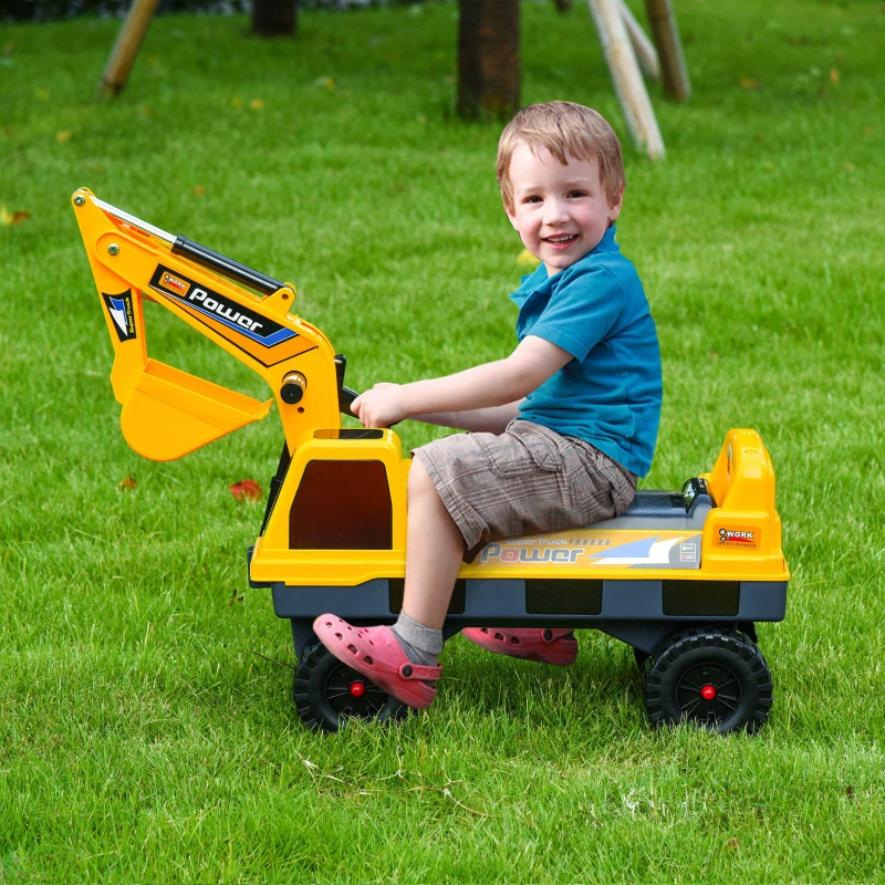 Qaba No Power 2 in 1 Ride On Excavator with Helmet and Claw, Construction Truck Set, Multi-Functional Digger with Storage, Light and Music, Yellow
