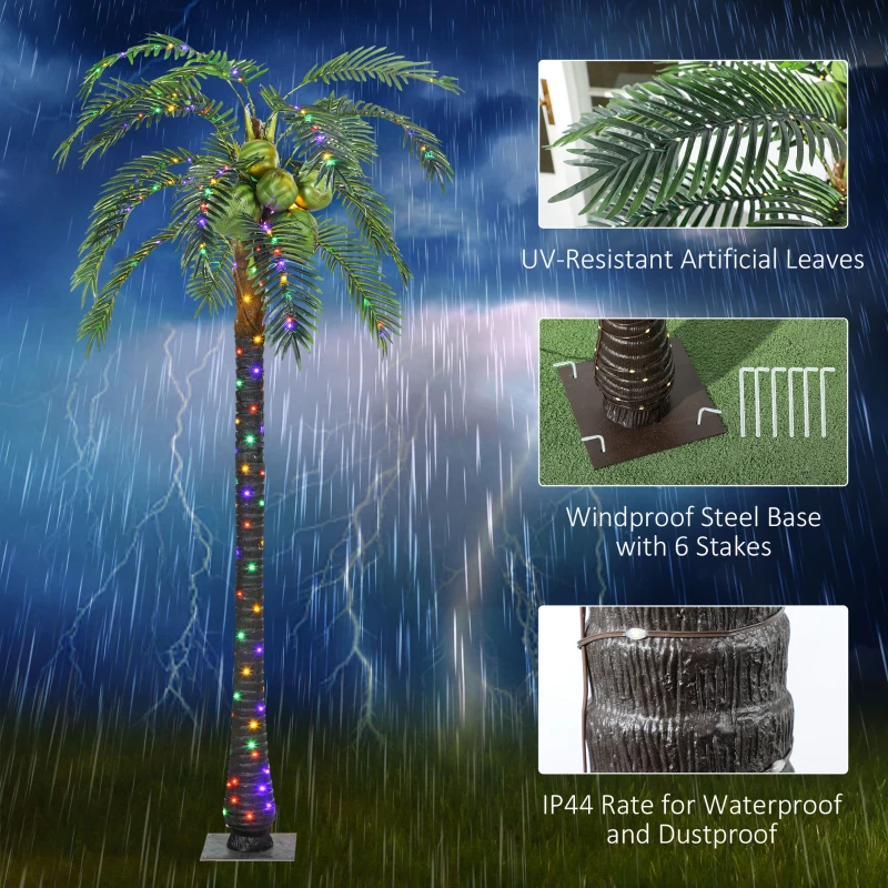 Outsunny 7' Artificial Light Up Palm Tree Lighted Tropical Fake Tree with Remote 280 Lights 5 Coconuts for Outdoor Indoor Green