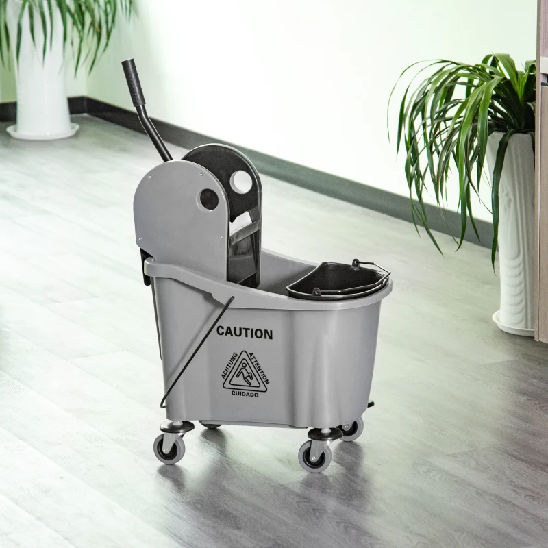 HOMCOM 9.5 Gallon (38 Quart) Mop Bucket with Wringer Cleaning Cart, 4 Moving Wheels, Mop-Handle Holder & 2 Separate Buckets, Gray