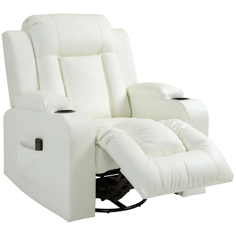 HOMCOM Swivel Massage Recliner Chair Rocker, Overstuffed Manual Reclining Sofa, PU Leather Rocking Chair with Side Pockets, Cup Holders, for Living Room, Nursery, Cream White
