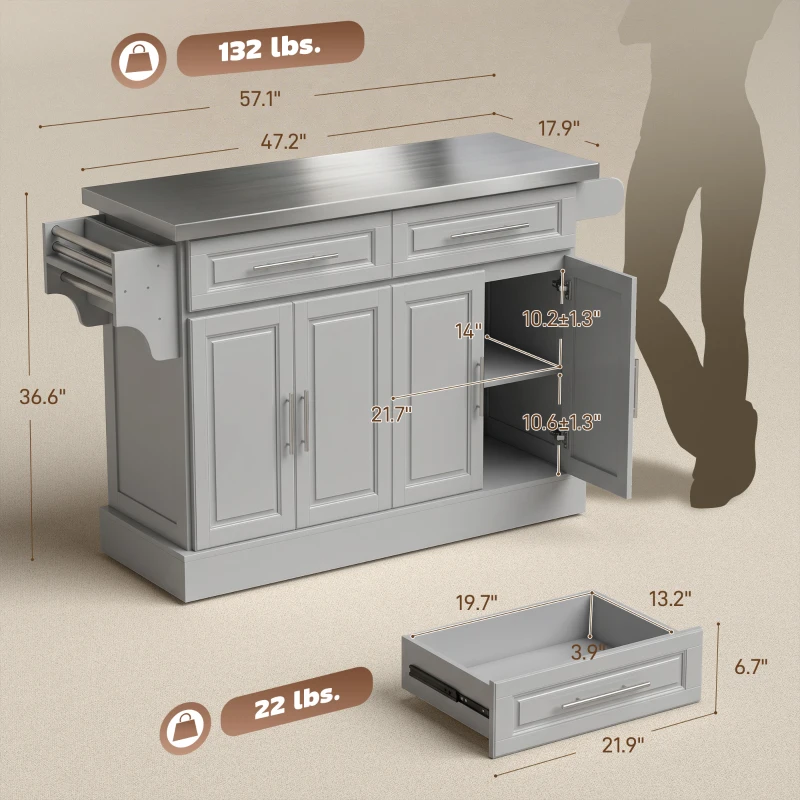 HOMCOM Rolling Kitchen Island Cart with 47" Stainless Steel Top, Portable Island Table for Kitchen with Wheels, Adjustable Shelves, 2 Drawers, Spice, Knife and Towel Rack, Gray