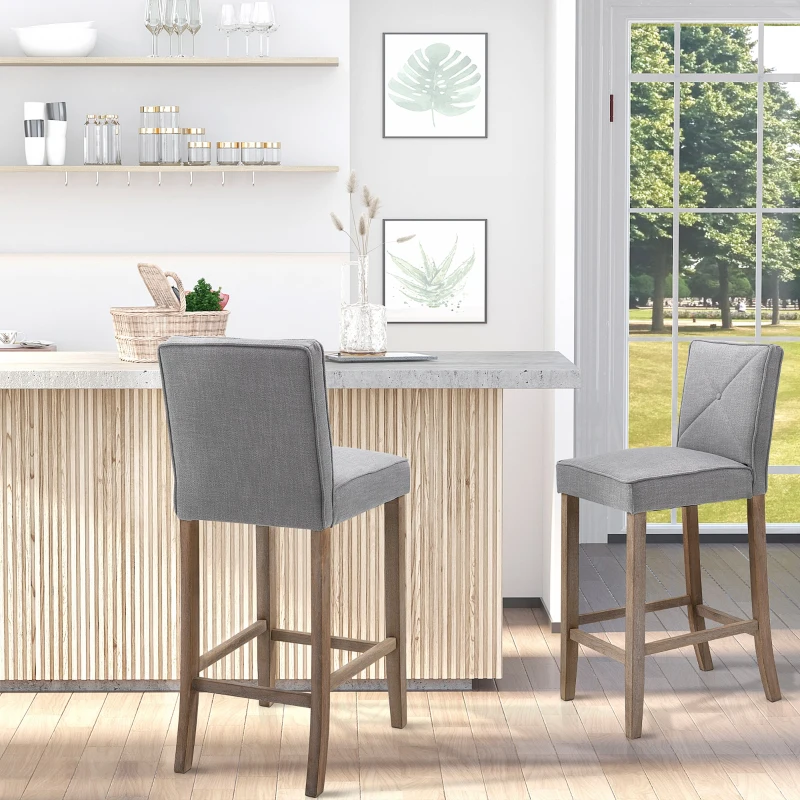 HOMCOM Modern Bar Stools Set of 2, Upholstered Barstools Kitchen Island Chair with Build-In Footrest, Solid Wood Legs, Gray