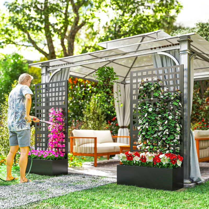 Outsunny Galvanized Raised Garden Bed Planter Box with Trellis for Climbing Plants, Vegetable, Vines, 35" x 16" x 70", Black